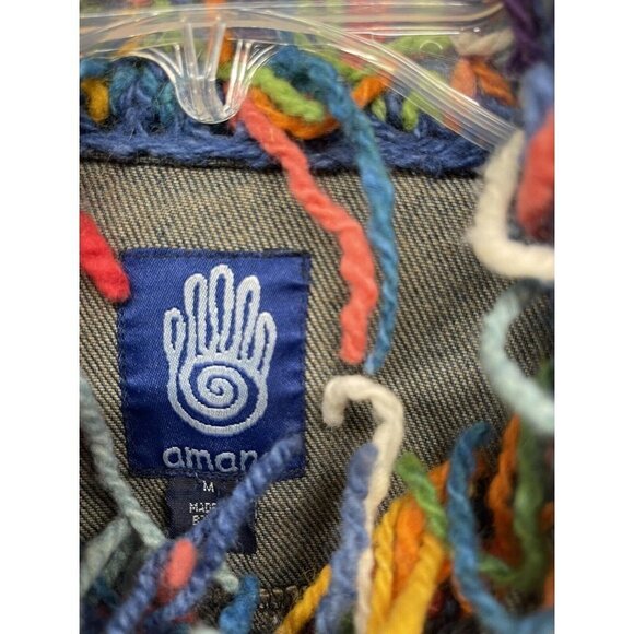 Amano Womens M Blue Denim Multicolor Wool Shag Trim Gloves Jean Jacket - Picture 9 of 11